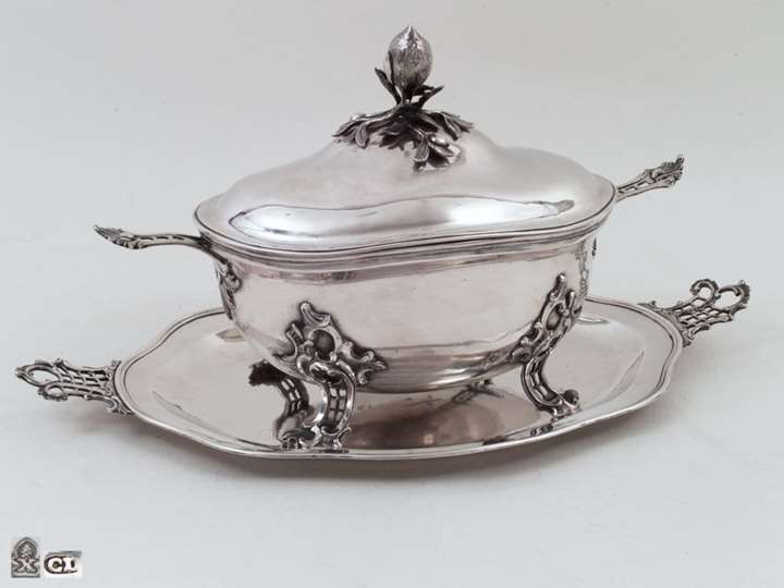 Medium Sized Silver German Tureen with Tray, Gilt Inside